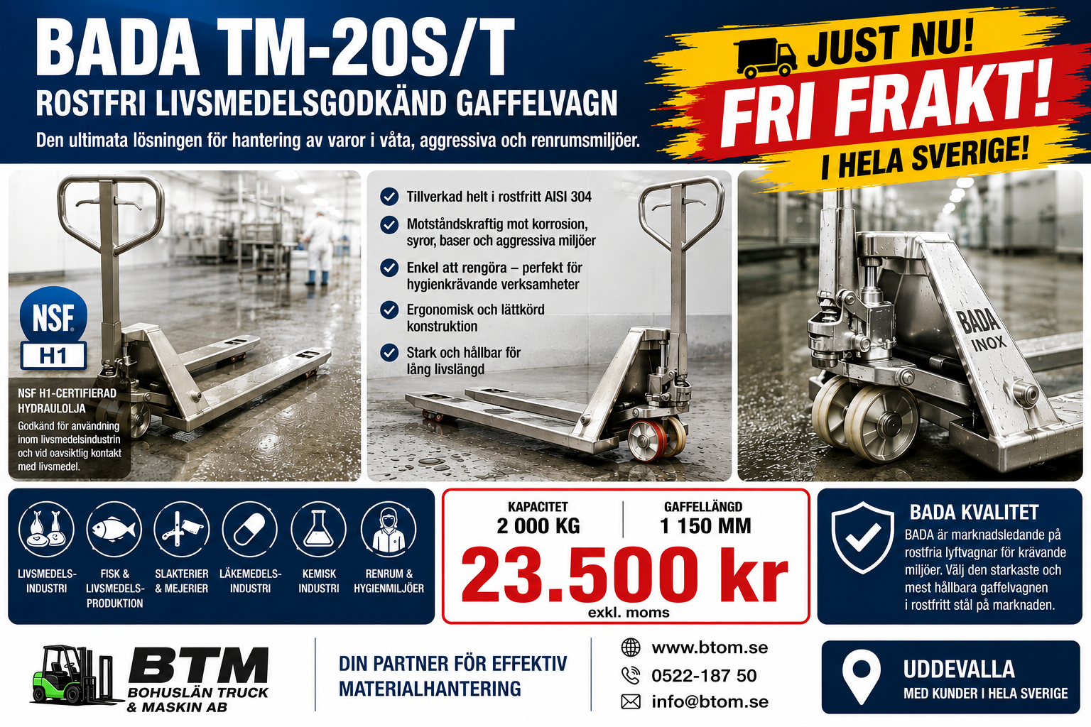 Reklamaffisch för BADA TM-20S/IT rostfri gaffelvagn med text, egenskaper och kapacitetsdata.
Just nu både fri frakt i hela sverige samt en WEBER klotgrill på köpet!.....